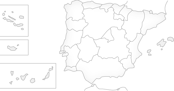 Mapa de las provincias costeras del sur de la península ibérica y las islas Canarias y Madeira